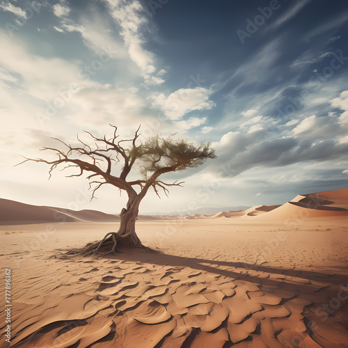 A dramatic shot of a lone tree in the middle of a desert