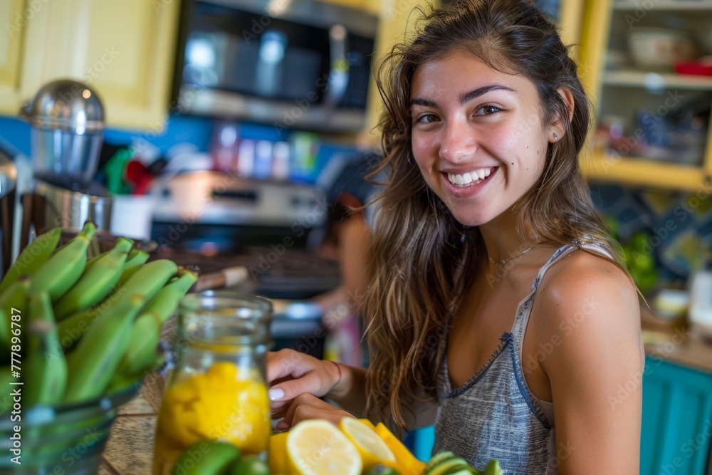 Smiling Young Woman Preparing Fresh Fruit Juice in a Sunny Home Kitchen with Bananas Smiling Young Woman Preparing Fresh Fruit Juice in a Sunny Home Kitchen with Bananas