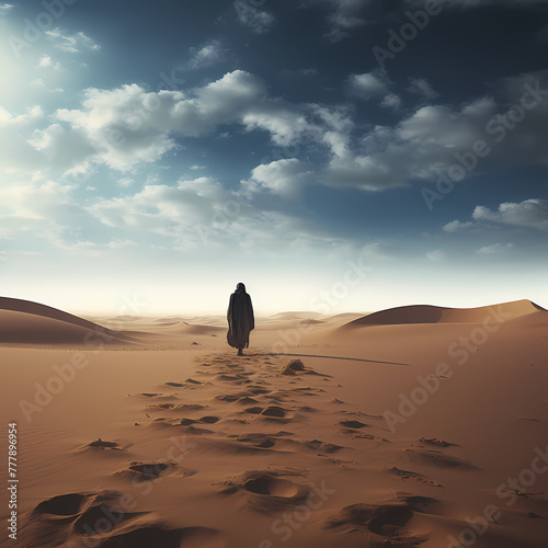 A solitary figure walking through a desert.