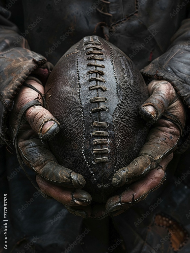 Football in ancient warrior hands, charcoal gray leather, closeup, moody light, timeless Football in ancient warrior hands, charcoal gray leather, closeup, moody light, timeless