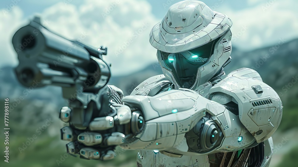 Fototapeta premium White Cyborg Soldier Pointing GUn