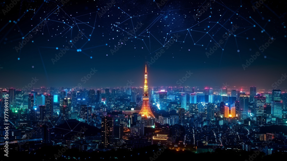 Modern city with wireless network connection and city scape concept. Wireless network and Connection technology concept with city background at night. Modern city with wireless network connection and city scape concept. Wireless network and Connection technology concept with city background at night.
