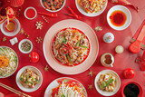 Top View of Delicious Chinese Food Meal on Red Table Background for Celebration, Offering a Festive Atmosphere