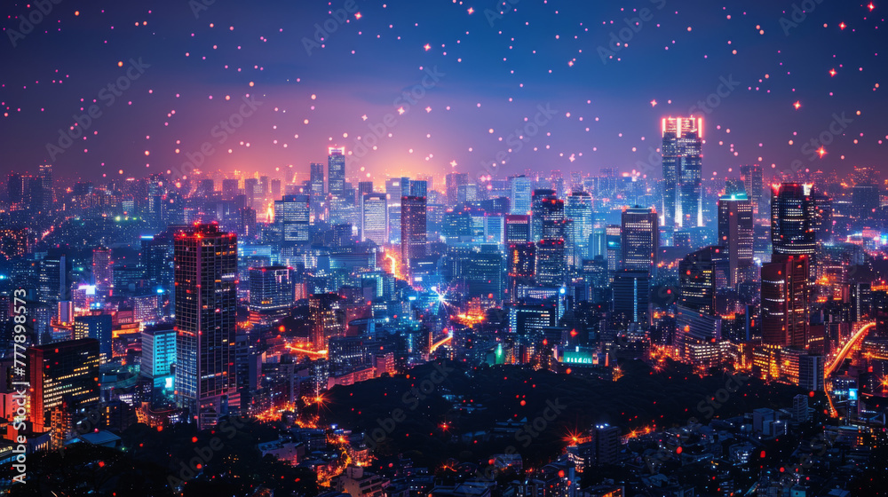 Fototapeta premium Modern city with wireless network connection and city scape concept. Wireless network and Connection technology concept with city background at night.