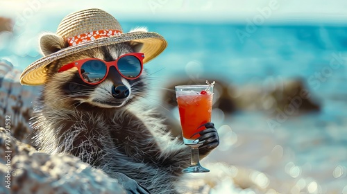 Raccon With Hat And Sunglasses Enjoying Beach with Cocktails photo
