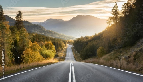 a winding road disappearing into the distance a highway in national park centered stretching all the way to the horizon closeup view beatiful landscape forest mountains ultra detailed photo