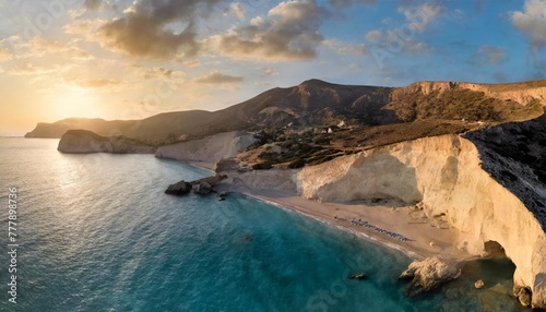 aerial drone ultra wide photo of famous volcanic rocky beach of tsigrado in island of milos cyclades greece photo
