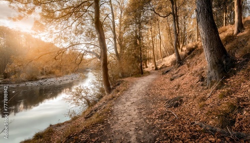 artistic composition depicting a path in the autumn forest near the river generated by ai