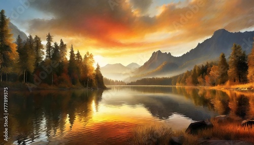 forest and mountains digital painting 4k background wallpaper of forest trees pines clouds mountains and sunset over a lake beautiful drawing sketch of digital nature landscape © Adrian