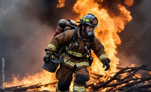 Firefighter fighting with big fire