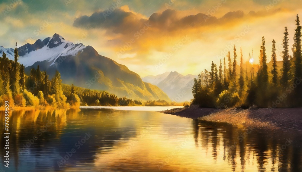 great outdoors digital painting 4k landscape of nature with trees mountains clouds and river lake alaska canada landscape painting wallpaper background bright environment illustration