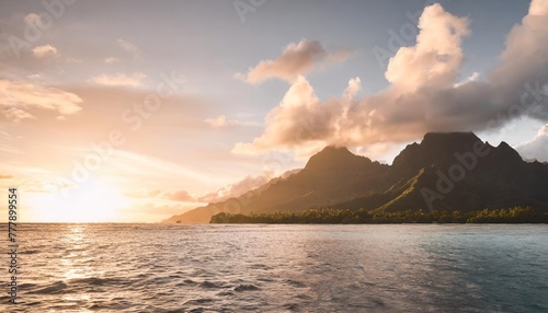 paradise island sunset with mountains and coral reefs french polynesia tahiti teahupoo photo