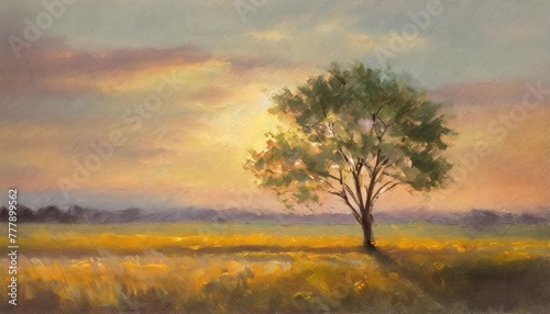 vintage oil painting sunset lonely tree nature landscape