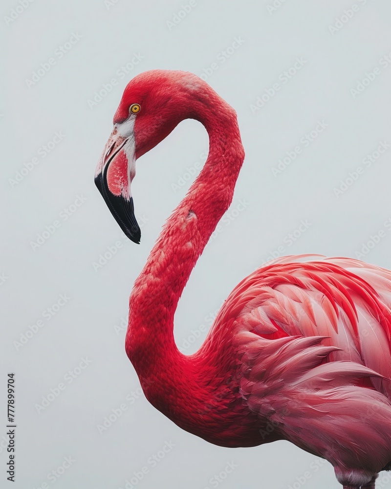 Fototapeta premium A lone vibrant pink flamingo against a stark white background, embodying elegance and simplicity