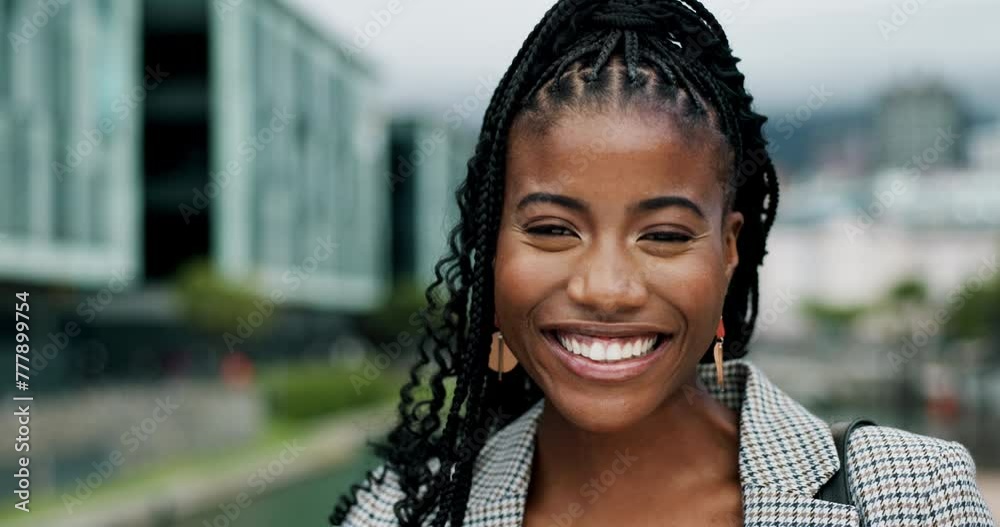 Urban, business and portrait of black woman with smile, opportunity and professional career on morning commute. Ambition, inspiration and businesswoman with confidence, pride and positive attitude Urban, business and portrait of black woman with smile, opportunity and professional career on morning commute. Ambition, inspiration and businesswoman with confidence, pride and positive attitude
