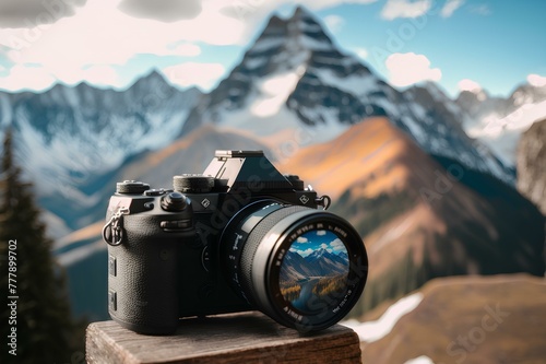 An HD image featuring a camera against a majestic mountainous panorama, the perfect representation for World Photography Day, with room for personalized text.