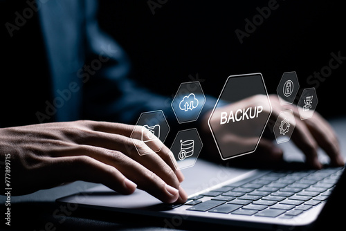 Backup storage data technology concept. Backup online documentation database and digital file storage system or software, file access, doc sharing.