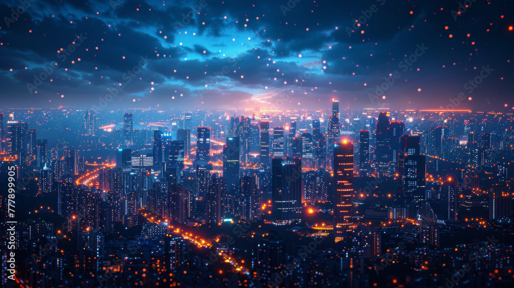 Fototapeta premium Modern city with wireless network connection and city scape concept. Wireless network and Connection technology concept with city background at night.