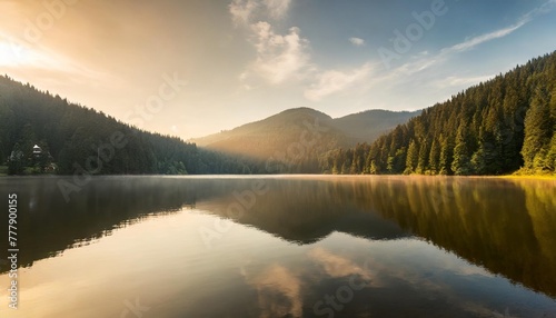 panoramic morning view of lacu rosu lake misty summer scene of harghita county romania europe beauty of nature concept background
