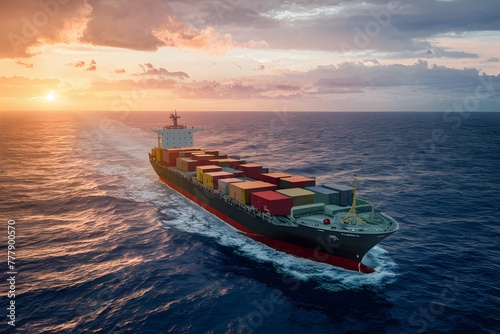 Cargo ship navigating vast ocean, integrated with neural network