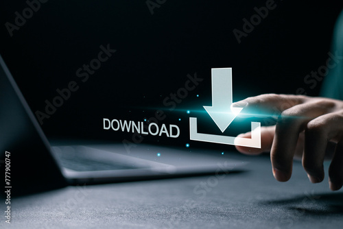 Fényképezés Businessman use laptop to download organizational information or documents