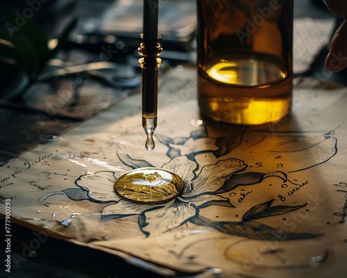 Close-up of a tincture being mixed, fresh droplets visible, animators sketches blurred in back, moody lighting