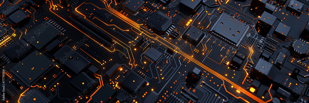high-tech, dark gray circuit board with glowing orange, generative AI high-tech, dark gray circuit board with glowing orange, generative AI