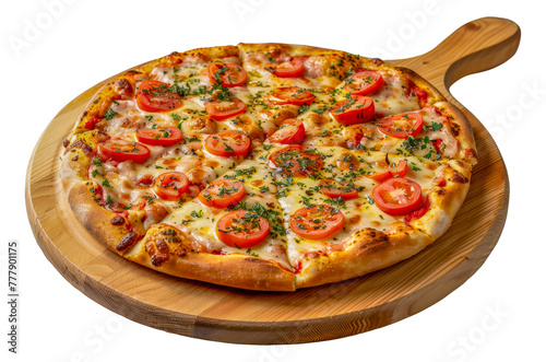 A pizza with tomatoes and cheese on a wooden board, cut out - stock png.