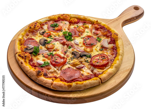 A pizza with mushrooms, tomatoes, and onions on a wooden board, cut out - stock png.
