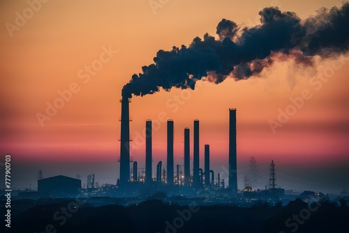 Chemical industry emits black smoke from chimney against sunset backdrop