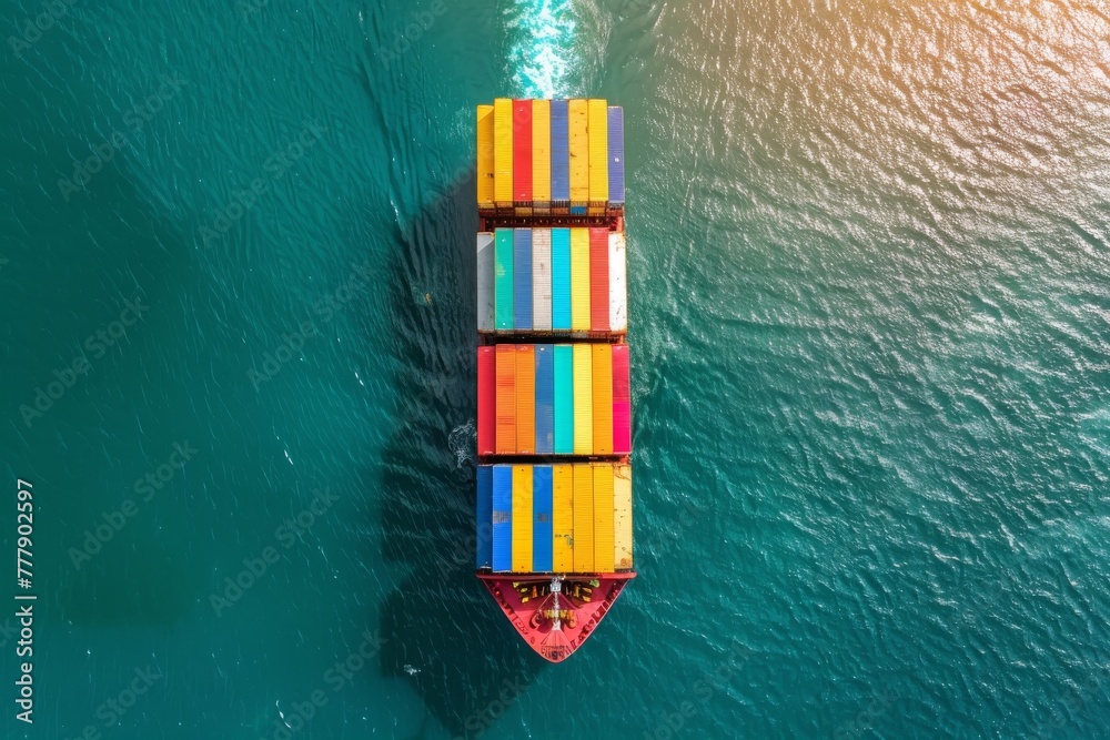 Freight ship with containers at sunset, top view