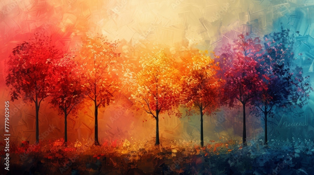 Artistic oil painting depicting trees as the main subject, creating a stunning visual background. - obrazy, fototapety, plakaty 