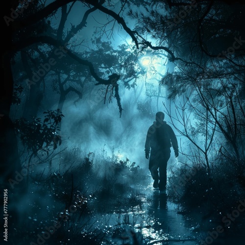 A lone man wanders through the eerie, moonlit forest, where ghostly whispers and chilling apparitions haunt the shadows.