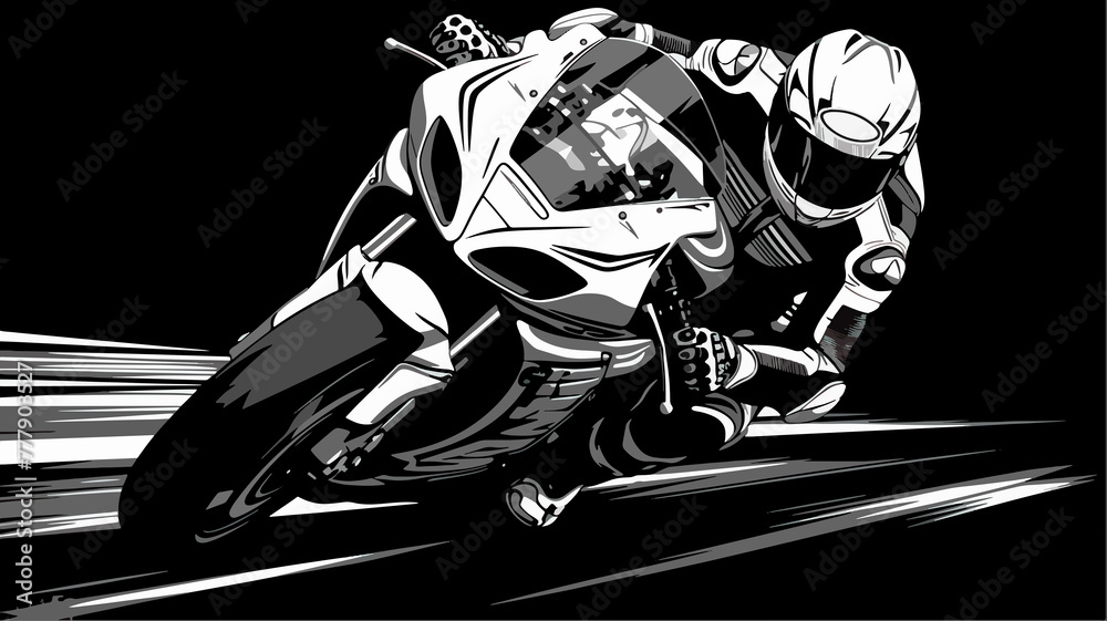 Hand drawn cartoon motorcycle racer black and white illustration
