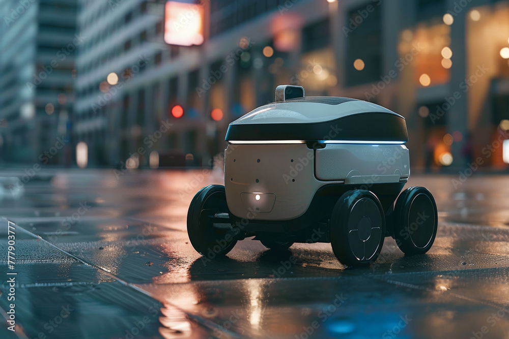 Autonomous delivery robot glides through city streets. Autonomous delivery robot glides through city streets.