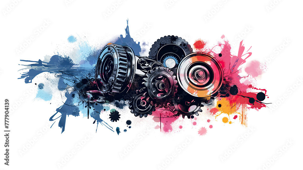 Poster of epic Pistons and Gears in minimalist abstract multicolour illustration Poster of epic Pistons and Gears in minimalist abstract multicolour illustration