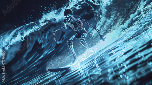 A skeleton surfing on a big wave, with the water glowing from the bioluminescence, creating a surreal surfing scene © kitinut