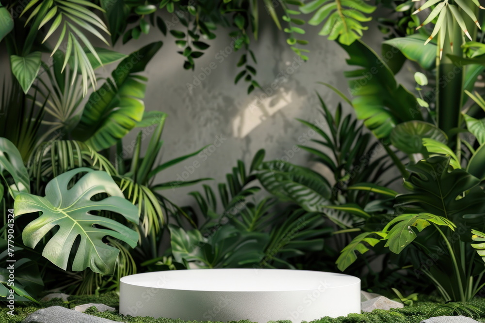 blank podium design with green leaves background, for product display blank podium design with green leaves background, for product display