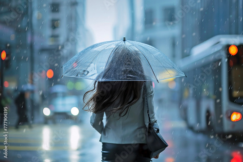 Rear View of a Businesswoman Hurrying with an Umbrella in the Rain in a Business District