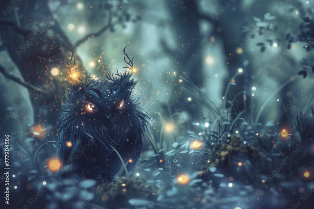 Cute yet sinister creature in a sparkling, ethereal forest, blending fantasy with a touch of darkness - obrazy, fototapety, plakaty 
