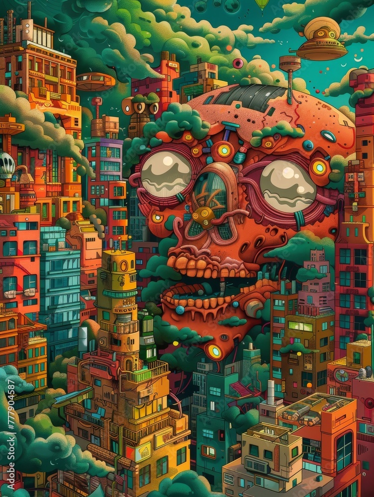Animated mischiefmaker in a kaleidoscopic urban sprawl, where evil plays in technicolor