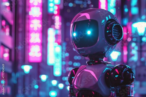A cute but wicked robot causing playful chaos, set against a backdrop of neonlit futuristic city in soft pastel tones photo