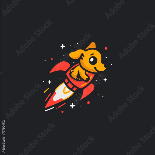 Dog riding rocket logo design vector illustration template