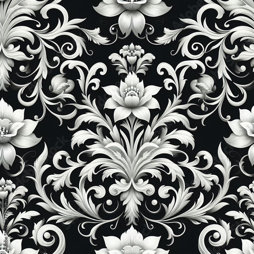 Beautiful floral elegant swirls damask fabric seamless pattern of hand drawn flowers with decorative dark vintage with colorful wallpaper background