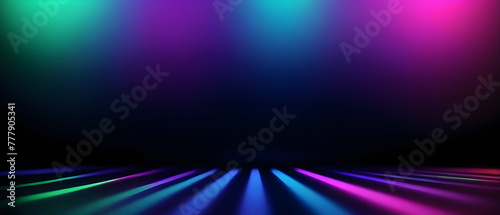 Blurred neon light. Disco illumination. Soft texture of defocused blue pink green ultraviolet rays on dark abstract empty space background
