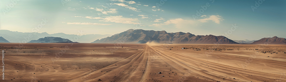 Majestic Desert Landscape: Mountains, Dirt Road, Panoramic View