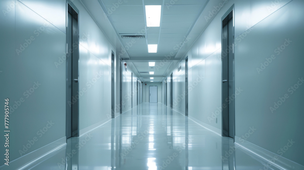 Long, empty corridor with doors closed on either side, Long, empty corridor with doors closed on either side,