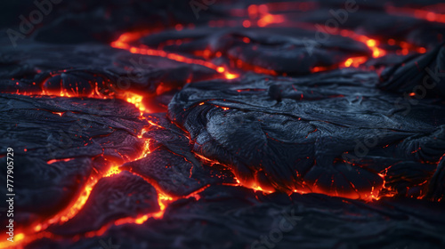 Lava cracks glowing on a dark volcanic crater, hidden danger, documentary style,