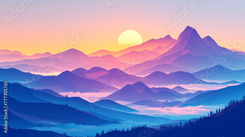 Majestic mountains at sunrise, layers of paper cut style, realistic light and shadows, © FoxGrafy
