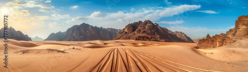 Majestic Desert Landscape: Mountains, Dirt Road, Panoramic View 